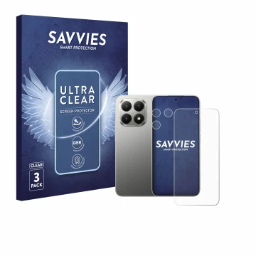Vorderseite einer Produktverpackung mit dem Markenlogo Savvies. Daneben ist das Gerät Xiaomi 15T (Display+Kamera) mit dem zuge