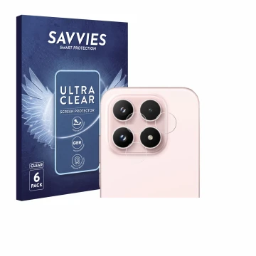 Vorderseite einer Produktverpackung mit dem Markenlogo Savvies. Daneben ist das Gerät Xiaomi 17 (NUR Kameraschutz) mit dem zug