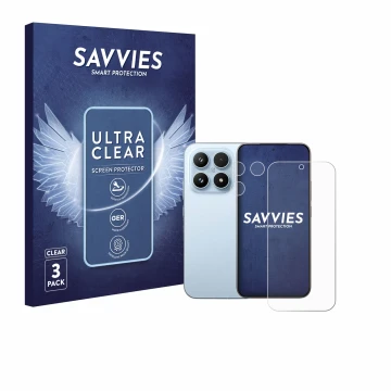 Vorderseite einer Produktverpackung mit dem Markenlogo Savvies. Daneben ist das Gerät Xiaomi 17 (Display+Kamera) mit dem zugeh