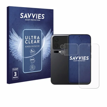 Vorderseite einer Produktverpackung mit dem Markenlogo Savvies. Daneben ist das Gerät Xiaomi 17 Pro (Display+Kamera) mit dem z