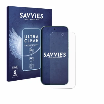 Vorderseite einer Produktverpackung mit dem Markenlogo Savvies. Daneben ist das Gerät Google Pixel 9 (case-friendly) mit dem z