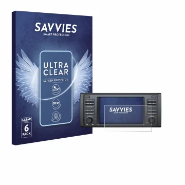Vorderseite einer Produktverpackung mit dem Markenlogo Savvies. Daneben ist das Gerät Eonon E39A12S mit dem zugehörigen Displa