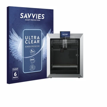 Vorderseite einer Produktverpackung mit dem Markenlogo Savvies. Daneben ist das Gerät Qidi Tech Q2 mit dem zugehörigen Display