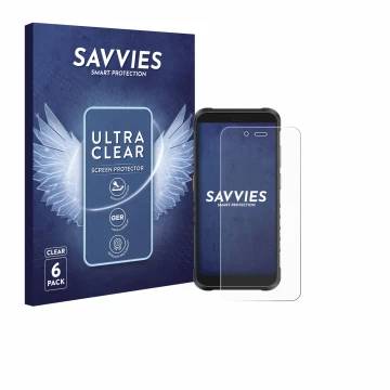 Vorderseite einer Produktverpackung mit dem Markenlogo Savvies. Daneben ist das Gerät Ulefone RugKing mit dem zugehörigen Disp