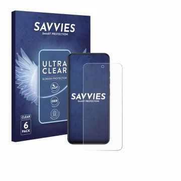 Vorderseite einer Produktverpackung mit dem Markenlogo Savvies. Daneben ist das Gerät Infinix Smart 10 mit dem zugehörigen Dis