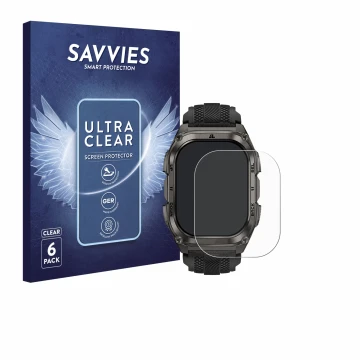 Vorderseite einer Produktverpackung mit dem Markenlogo Savvies. Daneben ist das Gerät Kospet Tank M4 mit dem zugehörigen Displ