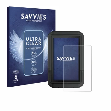 Vorderseite einer Produktverpackung mit dem Markenlogo Savvies. Daneben ist das Gerät Garmin eTrex Touch 2025 mit dem zugehöri