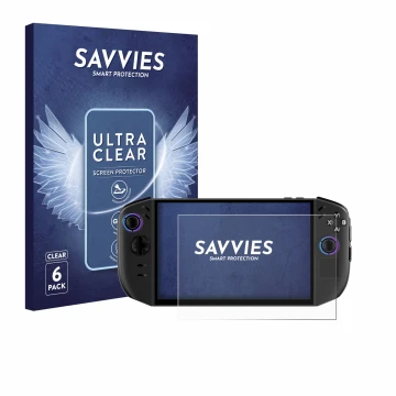 Vorderseite einer Produktverpackung mit dem Markenlogo Savvies. Daneben ist das Gerät Lenovo Legion Go Gen 2 mit dem zugehörig