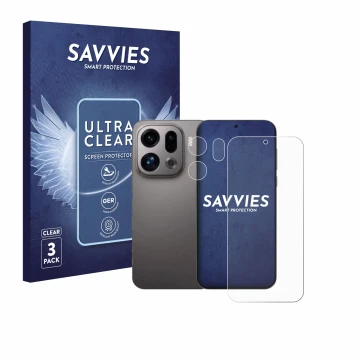 Vorderseite einer Produktverpackung mit dem Markenlogo Savvies. Daneben ist das Gerät Oppo Find X9 (Display+Kamera) mit dem zu