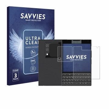 Vorderseite einer Produktverpackung mit dem Markenlogo Savvies. Daneben ist das Gerät Unihertz Titan 2 (Display+Kamera) mit de