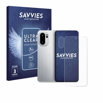 Vorderseite einer Produktverpackung mit dem Markenlogo Savvies. Daneben ist das Gerät OnePlus 15R (Display+Kamera) mit dem zug