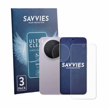 Vorderseite einer Produktverpackung mit dem Markenlogo Savvies. Daneben ist das Gerät Vivo X300 (Display+Kamera) mit dem zugeh
