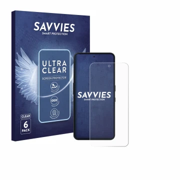 Vorderseite einer Produktverpackung mit dem Markenlogo Savvies. Daneben ist das Gerät Nothing Phone (3a) Lite mit dem zugehöri