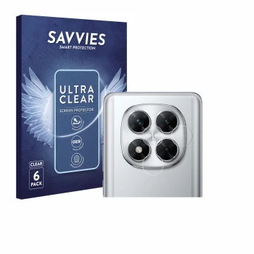 Vorderseite einer Produktverpackung mit dem Markenlogo Savvies. Daneben ist das Gerät Xiaomi Poco X7 (NUR Kameraschutz) mit de