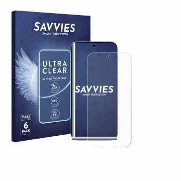Vorderseite einer Produktverpackung mit dem Markenlogo Savvies. Daneben ist das Gerät realme GT 8 Pro mit dem zugehörigen Disp