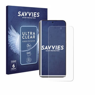 Vorderseite einer Produktverpackung mit dem Markenlogo Savvies. Daneben ist das Gerät Oppo Reno 14 mit dem zugehörigen Display