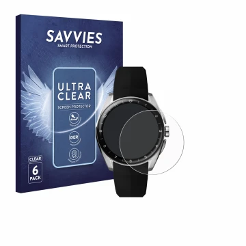Vorderseite einer Produktverpackung mit dem Markenlogo Savvies. Daneben ist das Gerät TAG Heuer Connected Calibre E5 (40 mm) m