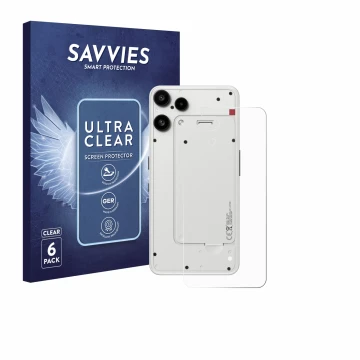 Vorderseite einer Produktverpackung mit dem Markenlogo Savvies. Daneben ist das Gerät Nothing Phone (3a) Lite (Rückseite) mit 