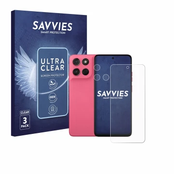 Vorderseite einer Produktverpackung mit dem Markenlogo Savvies. Daneben ist das Gerät Motorola Moto G57 Power (Display+Kamera)