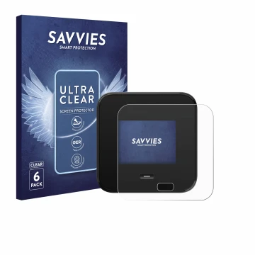 Vorderseite einer Produktverpackung mit dem Markenlogo Savvies. Daneben ist das Gerät Netgear Nighthawk M7 Pro mit dem zugehör