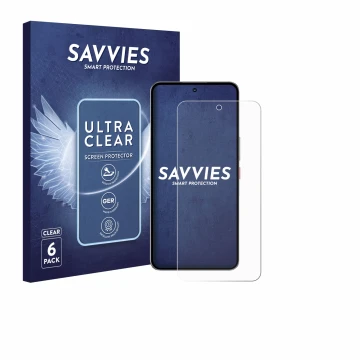 Vorderseite einer Produktverpackung mit dem Markenlogo Savvies. Daneben ist das Gerät Nubia Neo 3 GT 5G mit dem zugehörigen Di