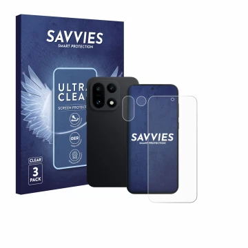 Vorderseite einer Produktverpackung mit dem Markenlogo Savvies. Daneben ist das Gerät OnePlus 15 (Display+Kamera) mit dem zuge