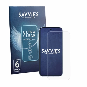 Vorderseite einer Produktverpackung mit dem Markenlogo Savvies. Daneben ist das Gerät Oppo Reno 15 mit dem zugehörigen Display