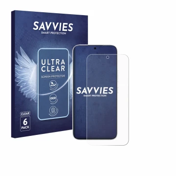 Vorderseite einer Produktverpackung mit dem Markenlogo Savvies. Daneben ist das Gerät Honor 500 mit dem zugehörigen Displaysch