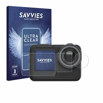 Vorderseite einer Produktverpackung mit dem Markenlogo Savvies. Daneben ist das Gerät SVBONY SVGO3 4K mit dem zugehörigen Disp