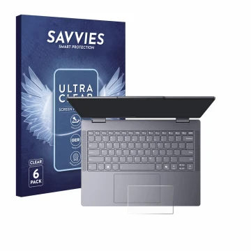 Vorderseite einer Produktverpackung mit dem Markenlogo Savvies. Daneben ist das Gerät Lenovo IdeaPad 5 2-in-1 14