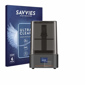 Vorderseite einer Produktverpackung mit dem Markenlogo Savvies. Daneben ist das Gerät Anycubic Photon Mono 4 mit dem zugehörig