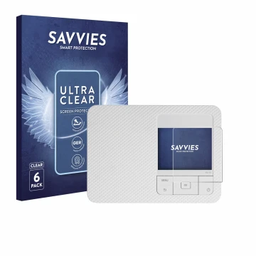 Vorderseite einer Produktverpackung mit dem Markenlogo Savvies. Daneben ist das Gerät Canon Selphy CP1500 Mini mit dem zugehör