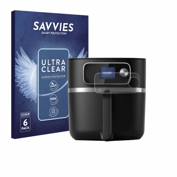Vorderseite einer Produktverpackung mit dem Markenlogo Savvies. Daneben ist das Gerät Philips Airfryer HD9880/90 mit dem zugeh