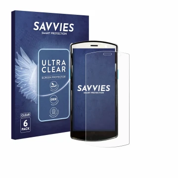 Vorderseite einer Produktverpackung mit dem Markenlogo Savvies. Daneben ist das Gerät Unitech EA510 mit dem zugehörigen Displa