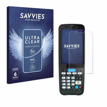 Vorderseite einer Produktverpackung mit dem Markenlogo Savvies. Daneben ist das Gerät Unitech HT330 mit dem zugehörigen Displa