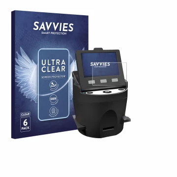 Vorderseite einer Produktverpackung mit dem Markenlogo Savvies. Daneben ist das Gerät Kodak SCANZA mit dem zugehörigen Display