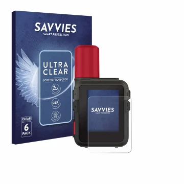 Vorderseite einer Produktverpackung mit dem Markenlogo Savvies. Daneben ist das Gerät Garmin inReach Mini 3 Plus mit dem zugeh