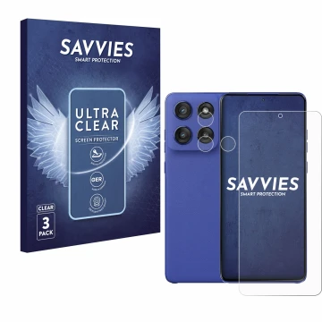 Vorderseite einer Produktverpackung mit dem Markenlogo Savvies. Daneben ist das Gerät Motorola Edge 60 Stylus (Display+Kamera)