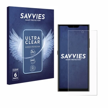 Vorderseite einer Produktverpackung mit dem Markenlogo Savvies. Daneben ist das Gerät Jolla Phone mit dem zugehörigen Displays