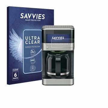 Vorderseite einer Produktverpackung mit dem Markenlogo Savvies. Daneben ist das Gerät Braun PurAroma 7 mit dem zugehörigen Dis