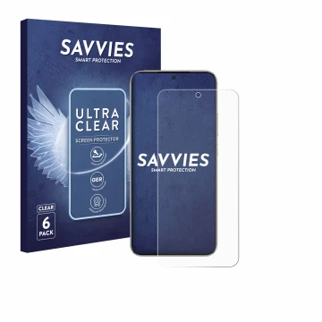 Vorderseite einer Produktverpackung mit dem Markenlogo Savvies. Daneben ist das Gerät Honor X70 mit dem zugehörigen Displaysch