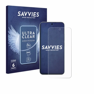Vorderseite einer Produktverpackung mit dem Markenlogo Savvies. Daneben ist das Gerät Oppo A6 Pro 4G mit dem zugehörigen Displ