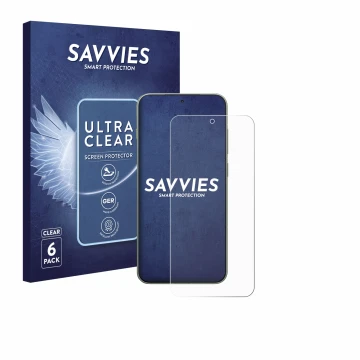 Vorderseite einer Produktverpackung mit dem Markenlogo Savvies. Daneben ist das Gerät OnePlus 13T mit dem zugehörigen Displays