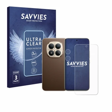 Vorderseite einer Produktverpackung mit dem Markenlogo Savvies. Daneben ist das Gerät Xiaomi Redmi Note 15 Pro Plus 5G (Displa