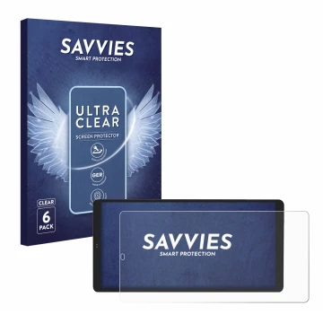 Vorderseite einer Produktverpackung mit dem Markenlogo Savvies. Daneben ist das Gerät Shelly Wall Display X2 mit dem zugehörig