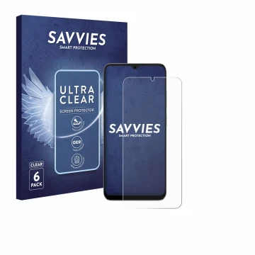 Vorderseite einer Produktverpackung mit dem Markenlogo Savvies. Daneben ist das Gerät Doogee Note 56X mit dem zugehörigen Disp
