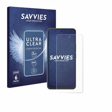 Vorderseite einer Produktverpackung mit dem Markenlogo Savvies. Daneben ist das Gerät Cubot Note 60 mit dem zugehörigen Displa