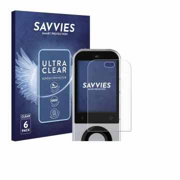 Vorderseite einer Produktverpackung mit dem Markenlogo Savvies. Daneben ist das Gerät Sofabaton X2 mit dem zugehörigen Display