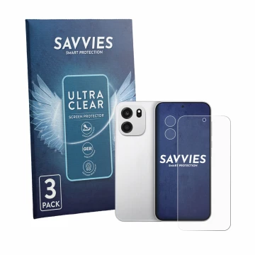 Vorderseite einer Produktverpackung mit dem Markenlogo Savvies. Daneben ist das Gerät OnePlus Turbo 6V (Display+Kamera) mit de