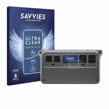 Vorderseite einer Produktverpackung mit dem Markenlogo Savvies. Daneben ist das Gerät DJI Power 1000 mit dem zugehörigen Displ